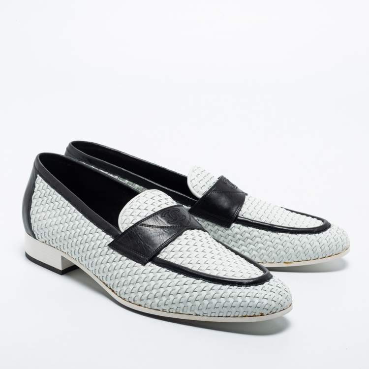 Pre Owned Chanel White/Black Woven Leather Penny Loafers Size 44