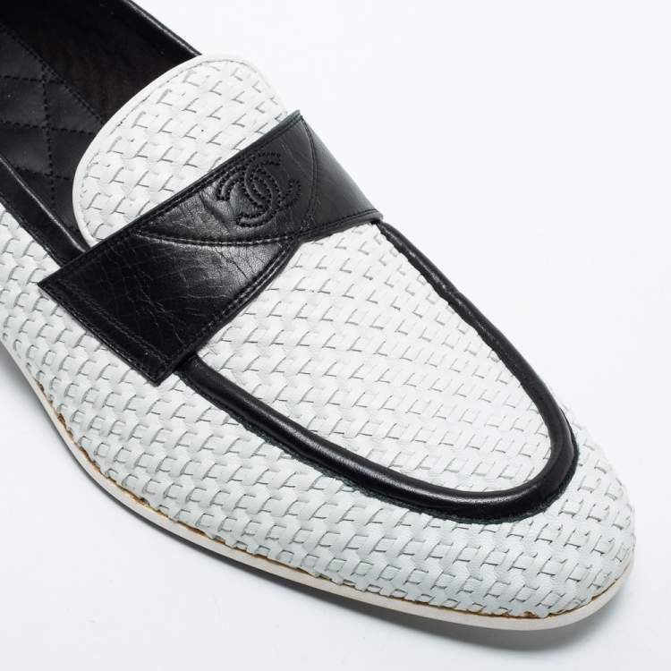 Pre Owned Chanel White/Black Woven Leather Penny Loafers Size 44