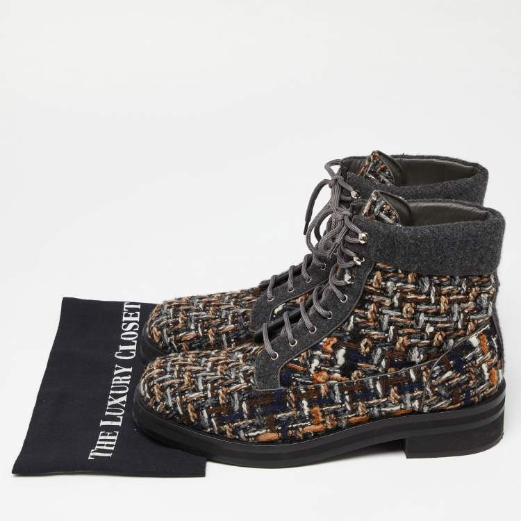Pre Owned Chanel Grey Tweed CC High Top Sneakers Size 44