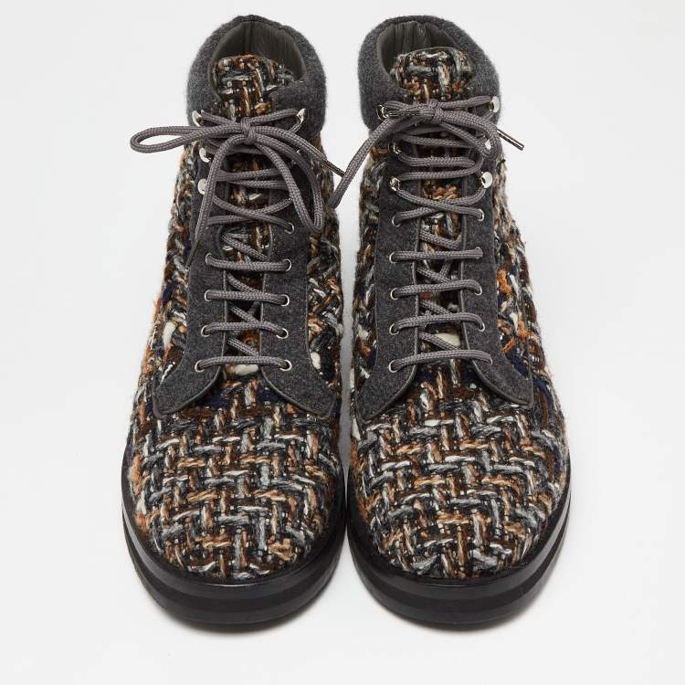 Pre Owned Chanel Grey Tweed CC High Top Sneakers Size 44