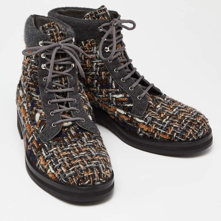 Pre Owned Chanel Grey Tweed CC High Top Sneakers Size 44