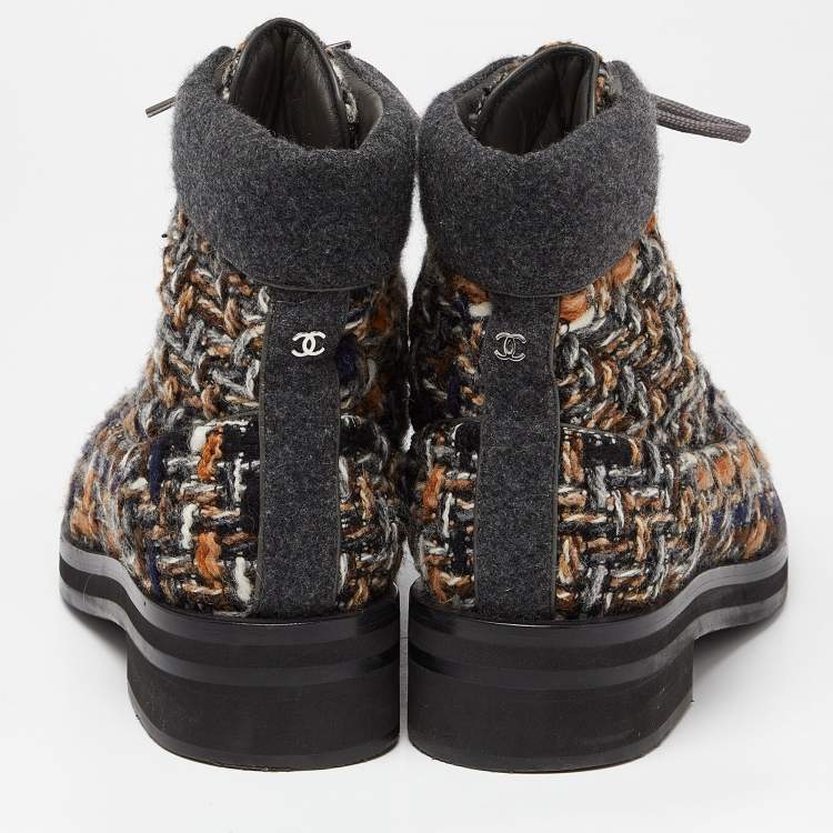 Pre Owned Chanel Grey Tweed CC High Top Sneakers Size 44