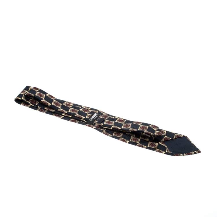 Pre Owned Chanel Vintage Navy Blue Geometric Print Silk Jacquard Tie 