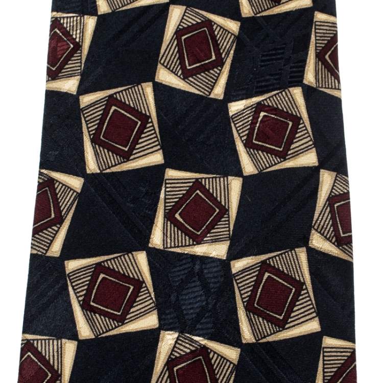 Pre Owned Chanel Vintage Navy Blue Geometric Print Silk Jacquard Tie 