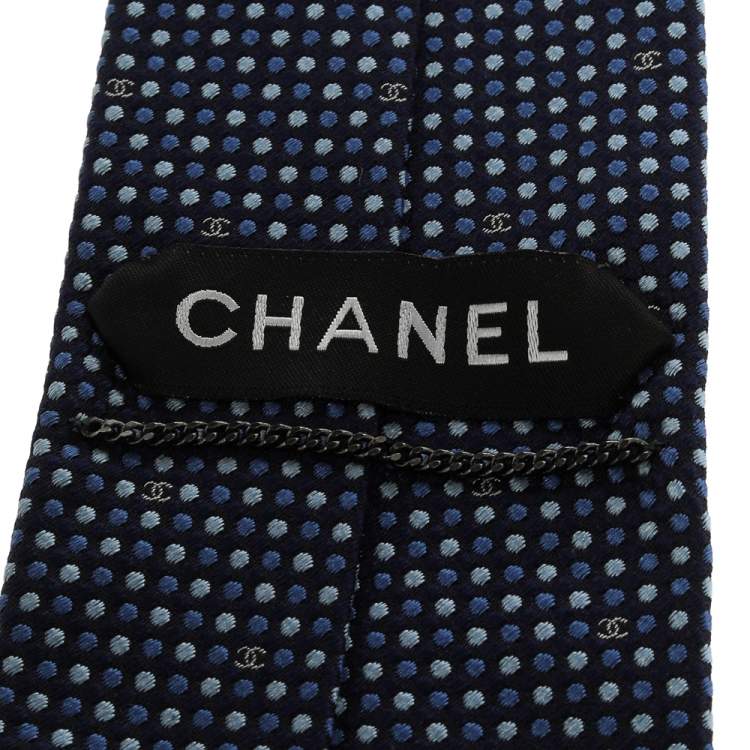 Pre Owned Chanel Blue Dotted Silk CC Tie 
