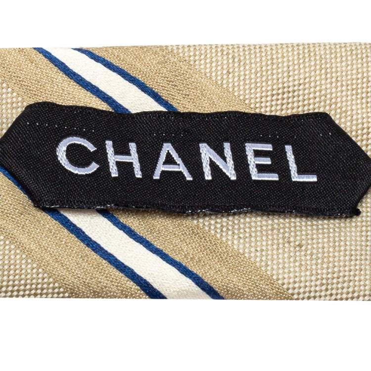 Pre Owned Chanel Beige Diagonal Striped Linen & Cotton Skinny Tie