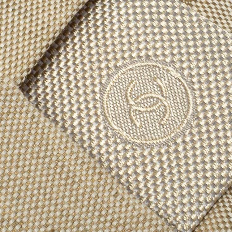 Pre Owned Chanel Beige Diagonal Striped Linen & Cotton Skinny Tie