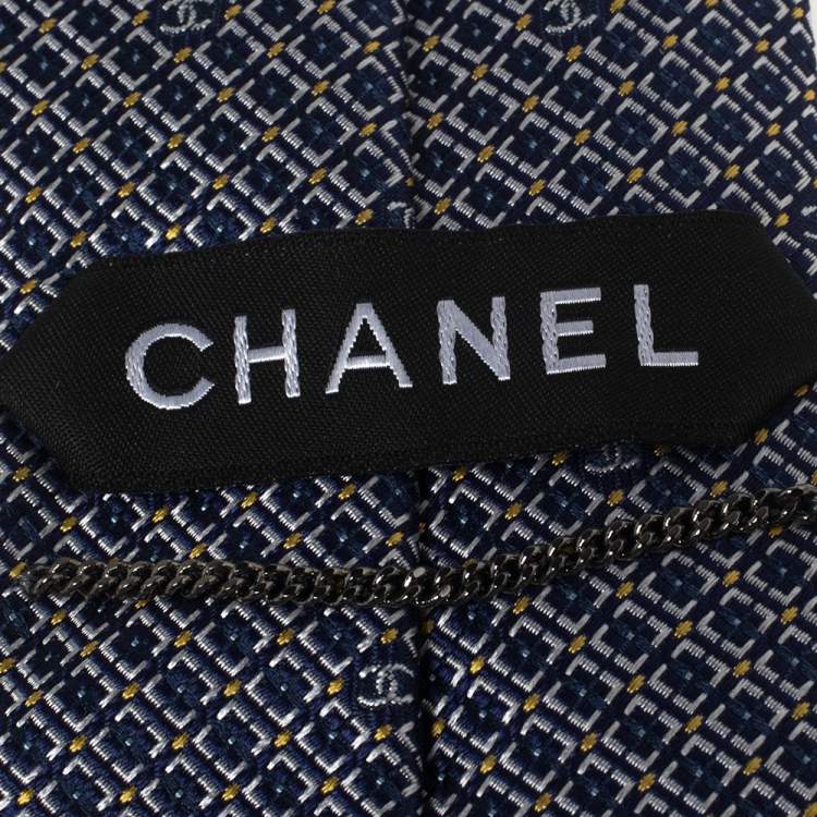 Pre Owned Chanel Navy Blue Geometric Jacquard Silk Tie