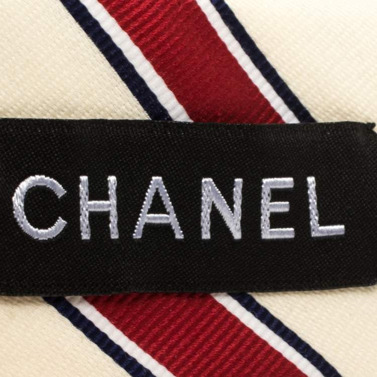 Pre Owned Chanel Cream & Red Diagonal Striped Silk Skinny Tie