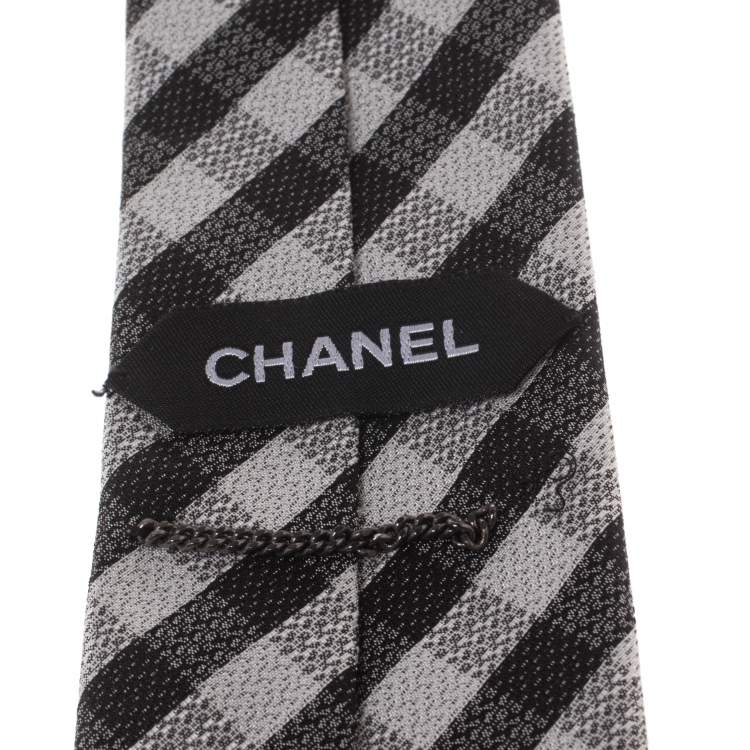 Pre Owned Chanel Monochrome Checked Fringed Flat Tip Silk Tie