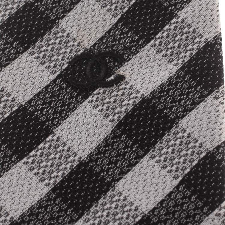 Pre Owned Chanel Monochrome Checked Fringed Flat Tip Silk Tie