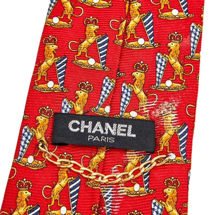 Pre Owned Chanel Red Lion Printed Silk Tie