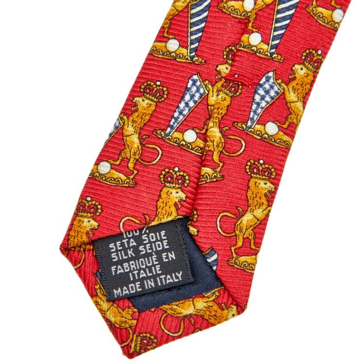 Pre Owned Chanel Red Lion Printed Silk Tie