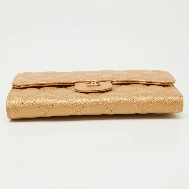Pre Owned Chanel Gold Quilted Caviar Leather Trifold Wallet 