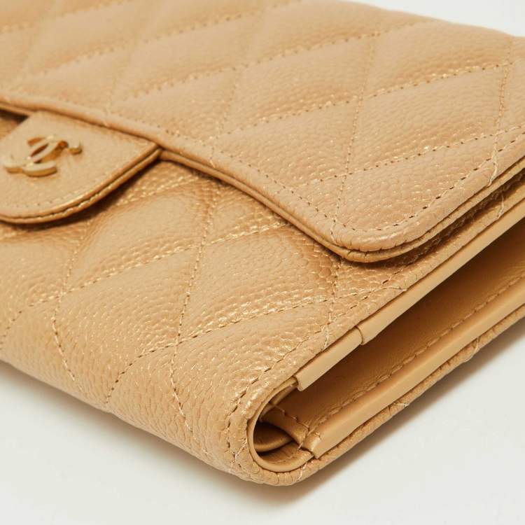 Pre Owned Chanel Gold Quilted Caviar Leather Trifold Wallet 
