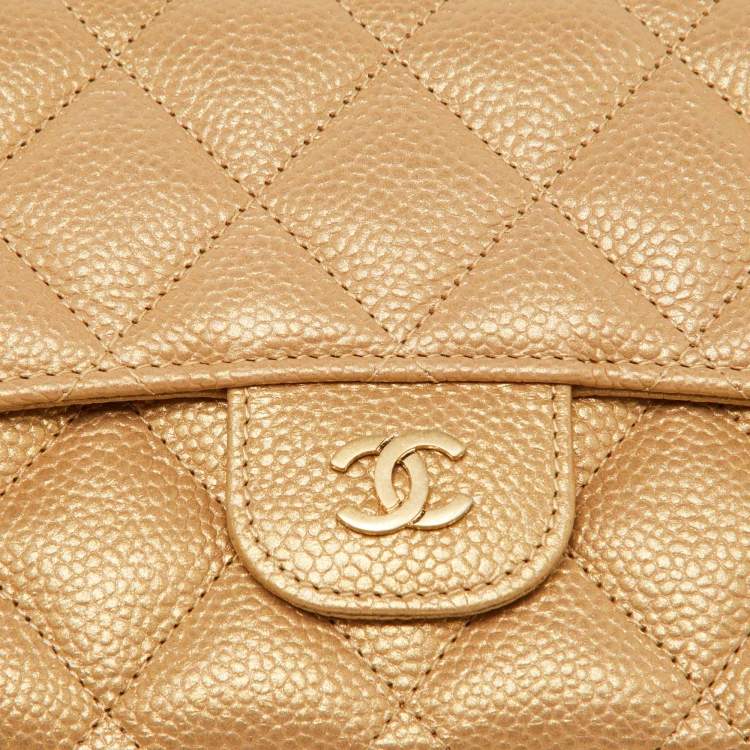 Pre Owned Chanel Gold Quilted Caviar Leather Trifold Wallet 
