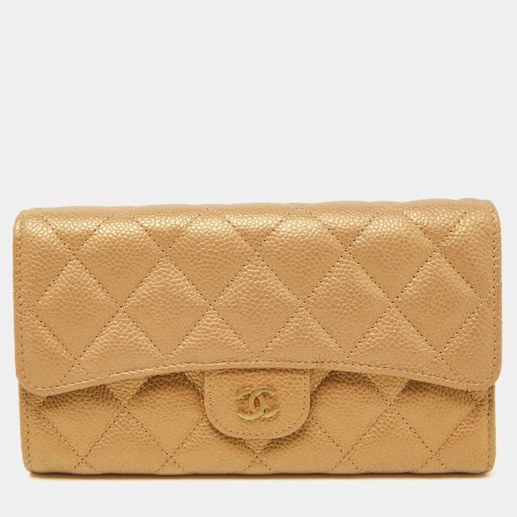 Chanel Gold Quilted Caviar Leather Trifold Wallet