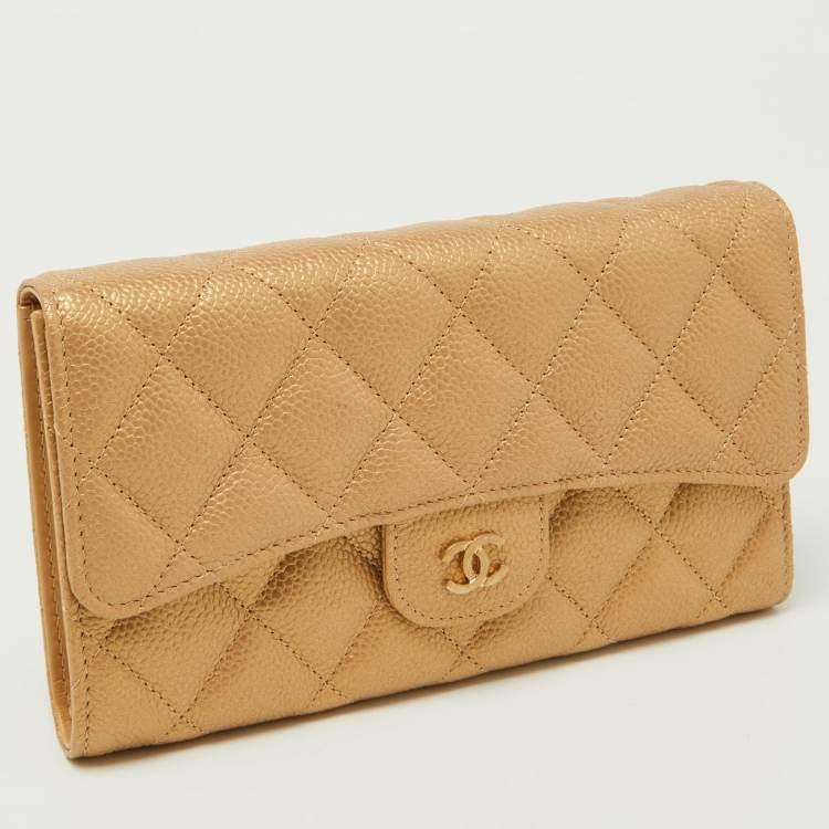 Pre Owned Chanel Gold Quilted Caviar Leather Trifold Wallet 