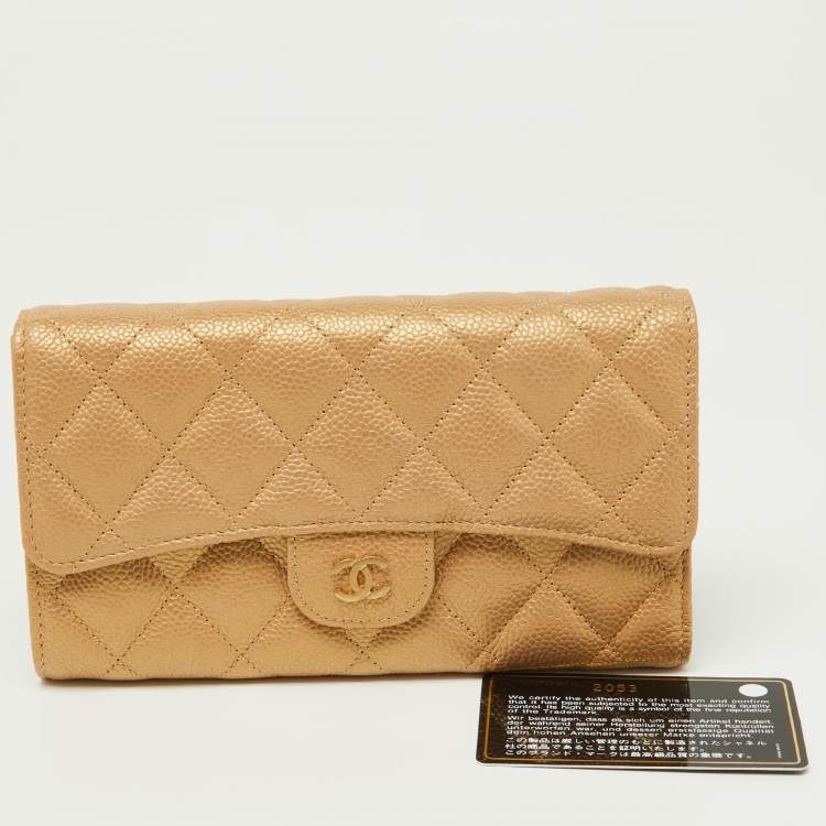 Pre Owned Chanel Gold Quilted Caviar Leather Trifold Wallet 