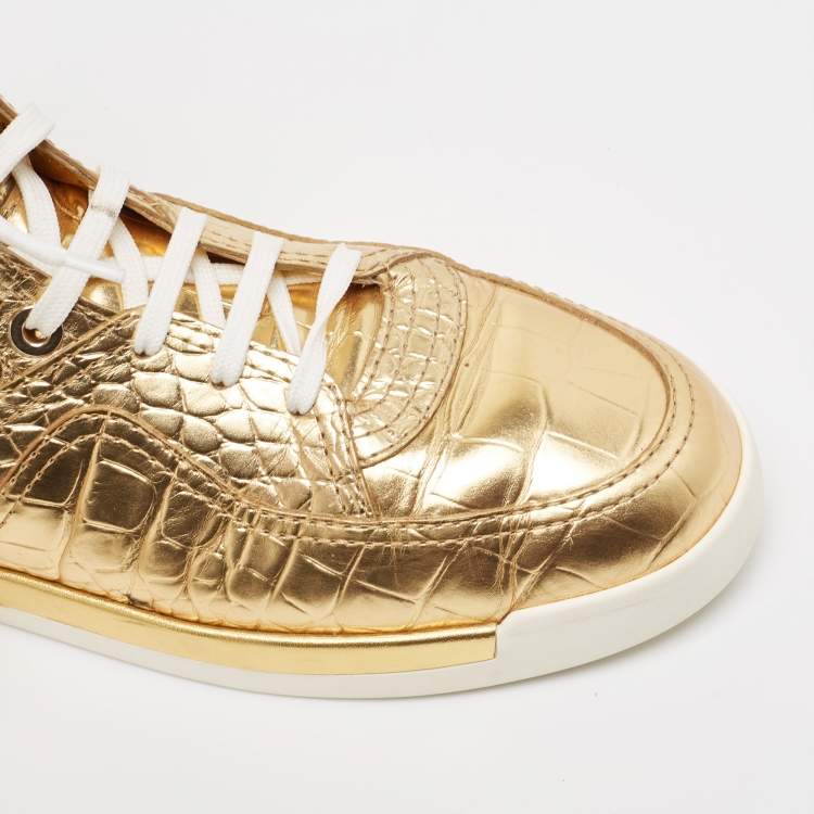 Pre Owned Chanel Gold Croc Embossed Leather High Top Sneakers Size 43