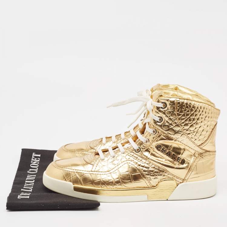 Pre Owned Chanel Gold Croc Embossed Leather High Top Sneakers Size 43