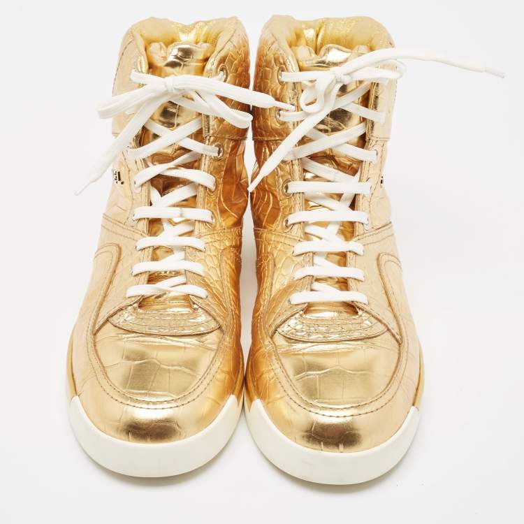 Pre Owned Chanel Gold Croc Embossed Leather High Top Sneakers Size 43