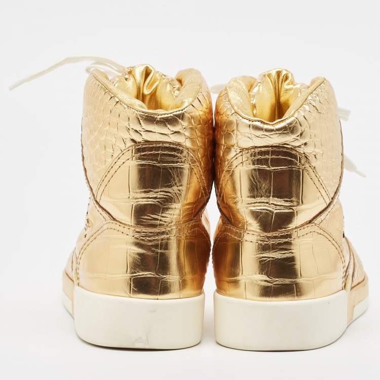 Pre Owned Chanel Gold Croc Embossed Leather High Top Sneakers Size 43