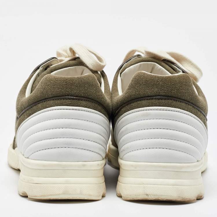 Pre Owned Chanel Army Green/White Canvas and Leather CC Low Top Sneakers Size 45