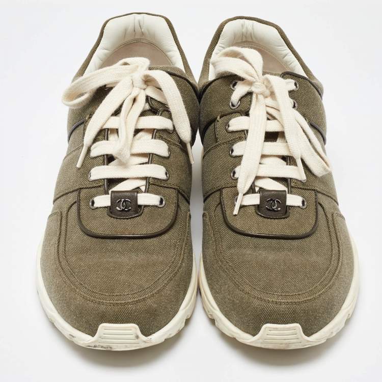 Pre Owned Chanel Army Green/White Canvas and Leather CC Low Top Sneakers Size 45
