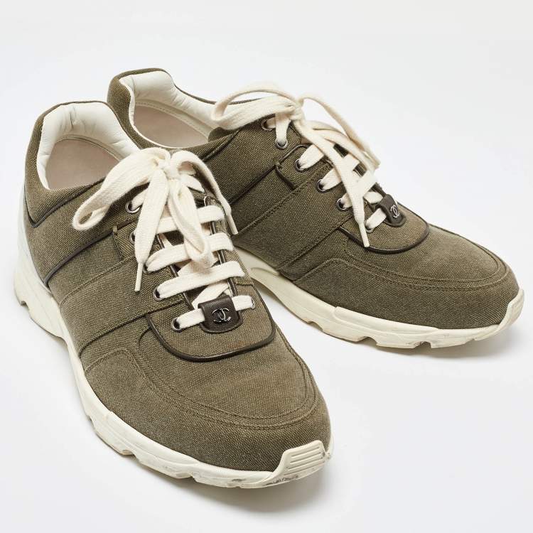 Pre Owned Chanel Army Green/White Canvas and Leather CC Low Top Sneakers Size 45