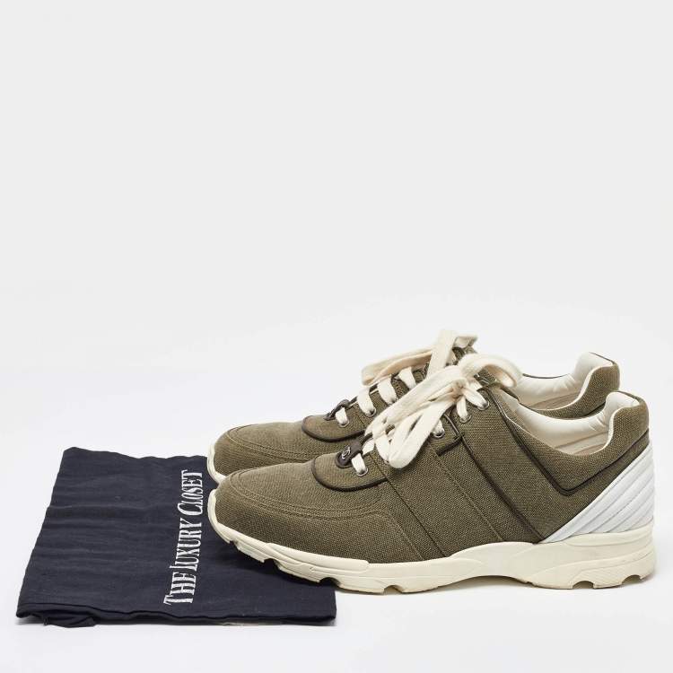 Pre Owned Chanel Army Green/White Canvas and Leather CC Low Top Sneakers Size 45