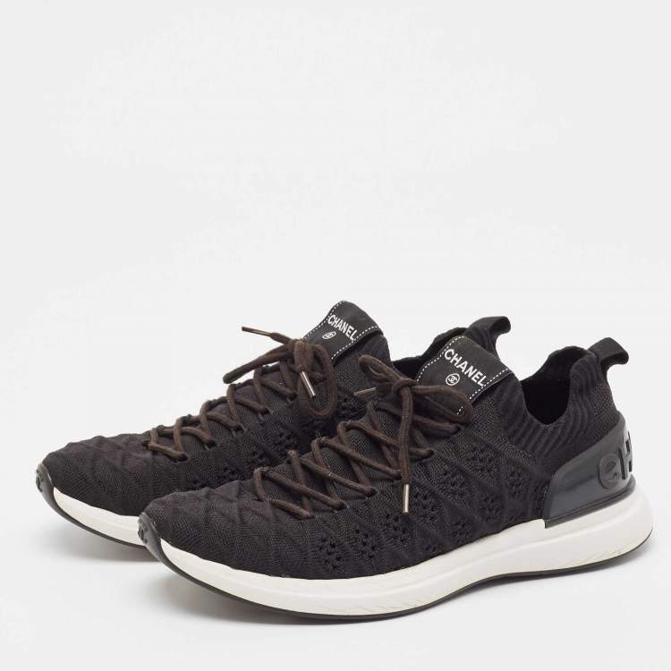 Pre Owned Chanel Black Knit Fabric Lace Up Sneakers Size 39.5 