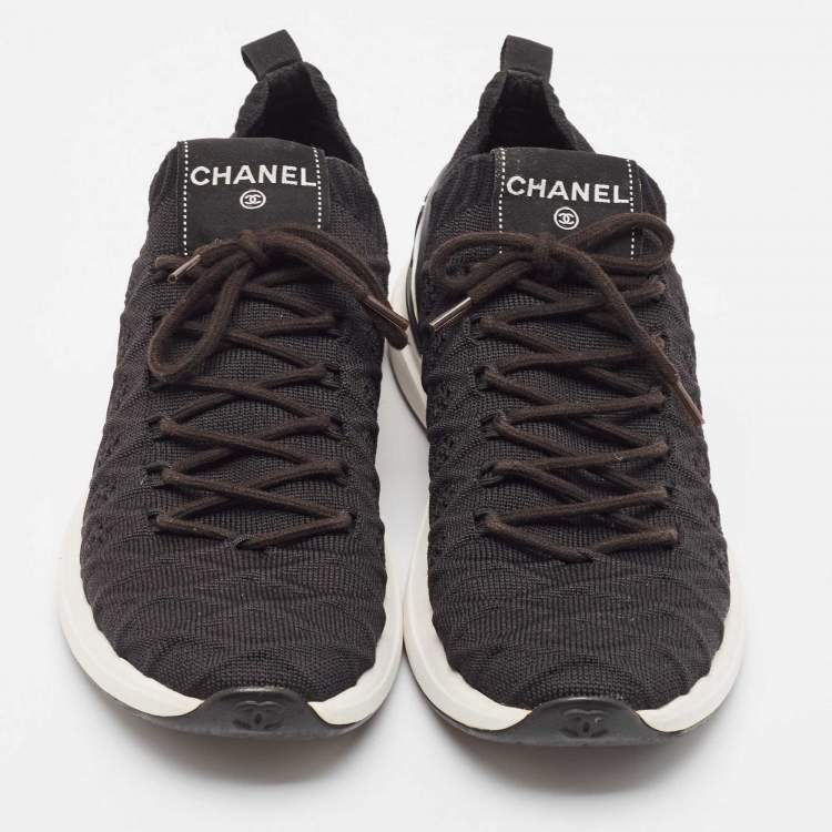 Pre Owned Chanel Black Knit Fabric Lace Up Sneakers Size 39.5 