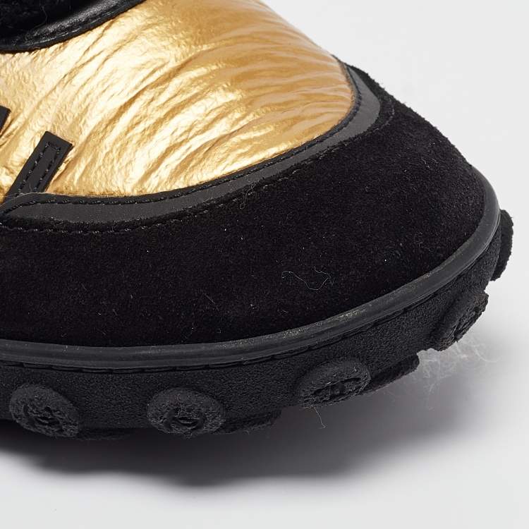 Pre Owned Chanel Gold Leather and Nylon CC Lace Up Sneakers  Size 43