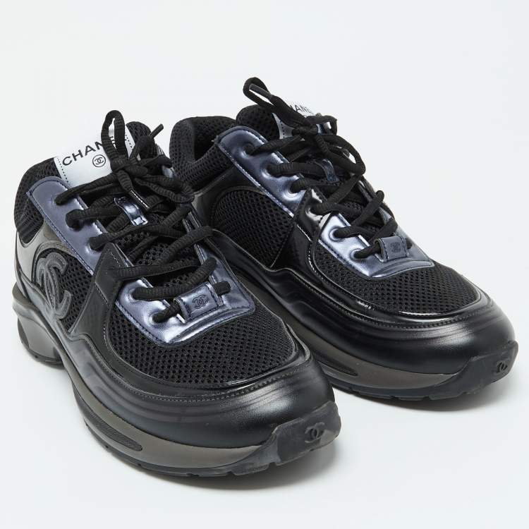 Pre Owned Chanel Black Mesh and Leather CC Low Top Sneakers Size 41.5