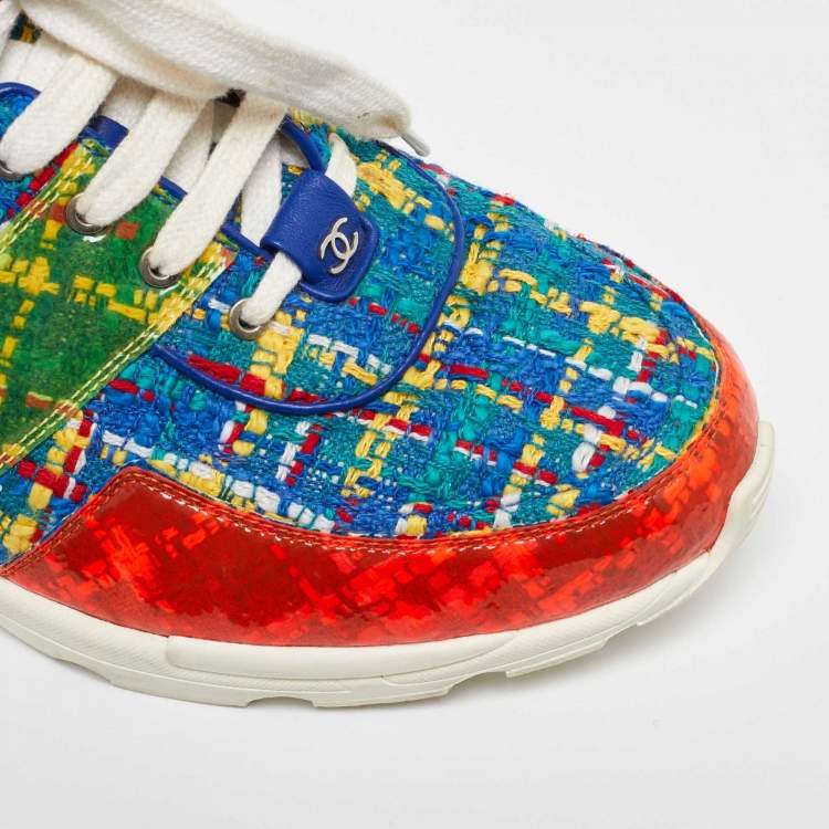 Pre Owned Chanel Multicolor Tweed and Leather CC Low Top Sneakers Size 43