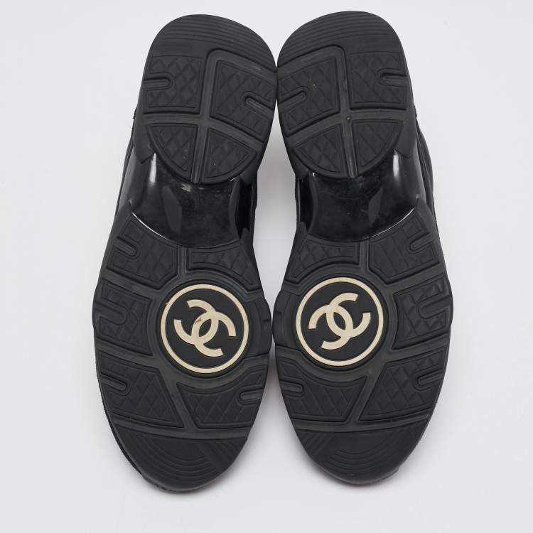 Pre Owned Chanel Black Leather and Suede CC Lace Up Sneakers Size 44