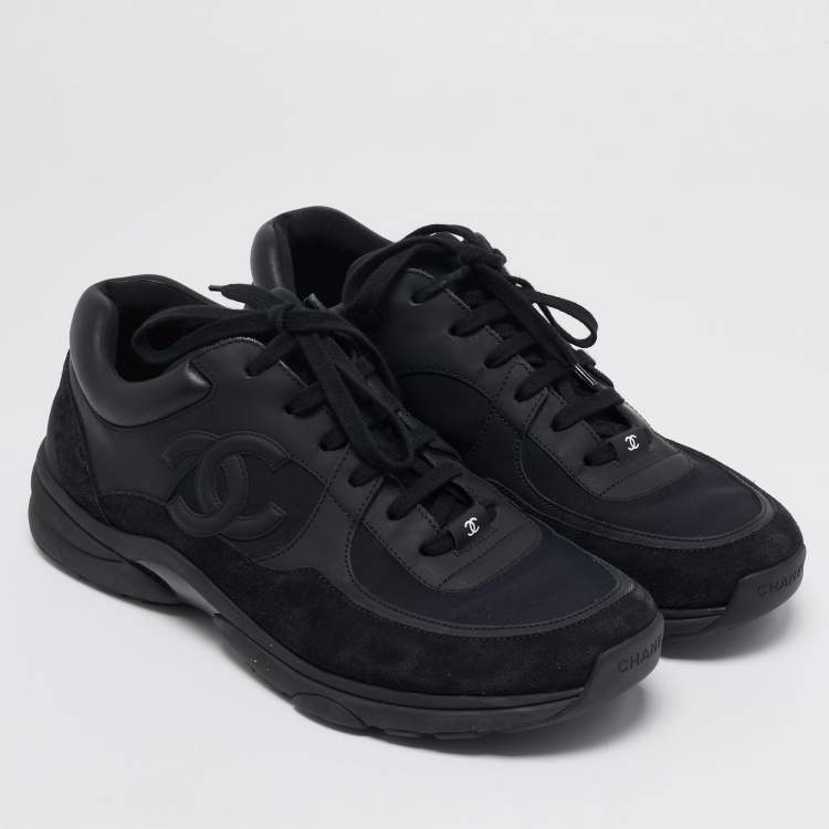 Pre Owned Chanel Black Leather and Suede CC Lace Up Sneakers Size 44