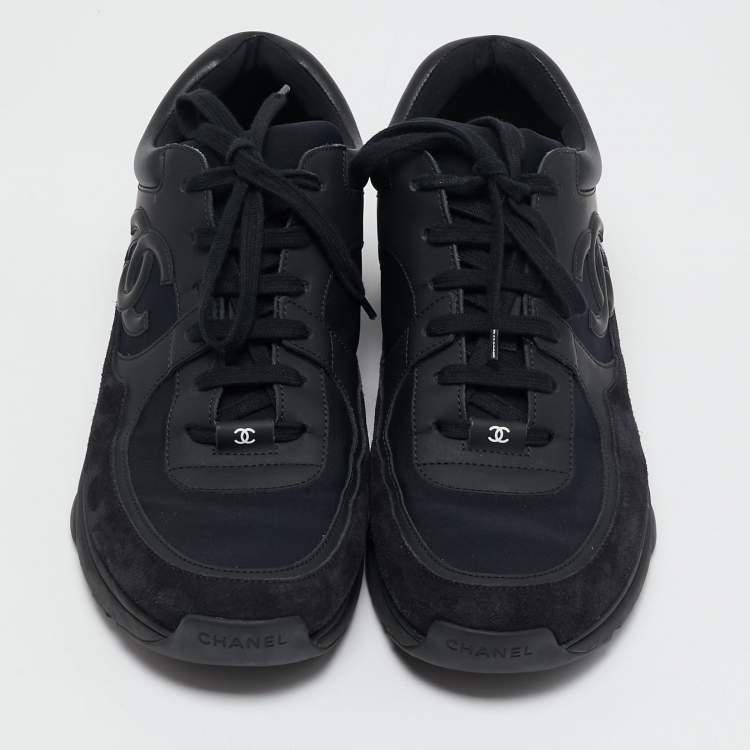 Pre Owned Chanel Black Leather and Suede CC Lace Up Sneakers Size 44