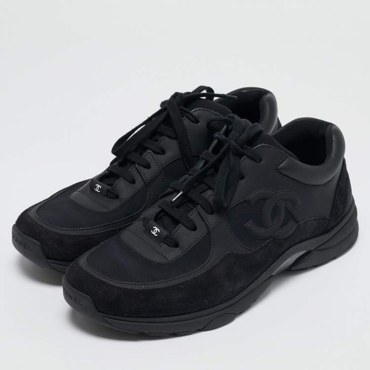 Pre Owned Chanel Black Leather and Suede CC Lace Up Sneakers Size 44