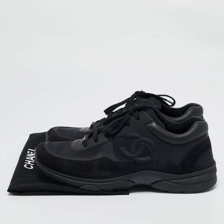 Pre Owned Chanel Black Leather and Suede CC Lace Up Sneakers Size 44