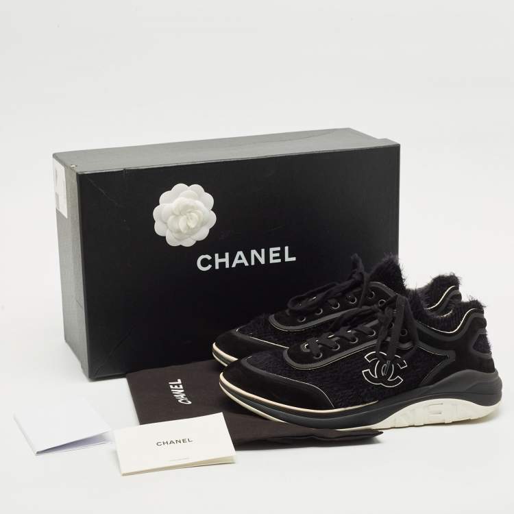 Pre Owned Chanel Black Suede and Tweed CC Low Top Sneakers Size 43