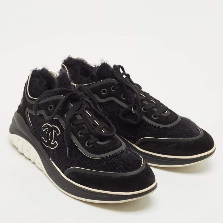 Pre Owned Chanel Black Suede and Tweed CC Low Top Sneakers Size 43