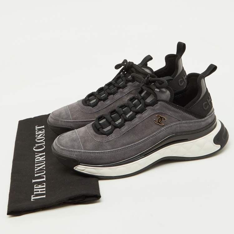 Pre Owned Chanel Grey/Black Suede Interlocking CC Low Top Sneakers Size 40.5