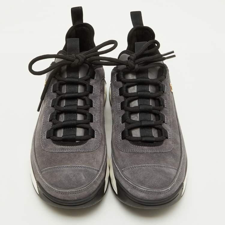 Pre Owned Chanel Grey/Black Suede Interlocking CC Low Top Sneakers Size 40.5