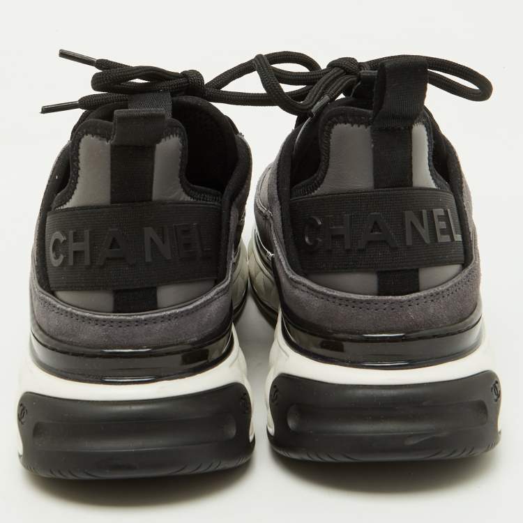 Pre Owned Chanel Grey/Black Suede Interlocking CC Low Top Sneakers Size 40.5
