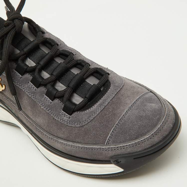 Pre Owned Chanel Grey/Black Suede Interlocking CC Low Top Sneakers Size 40.5