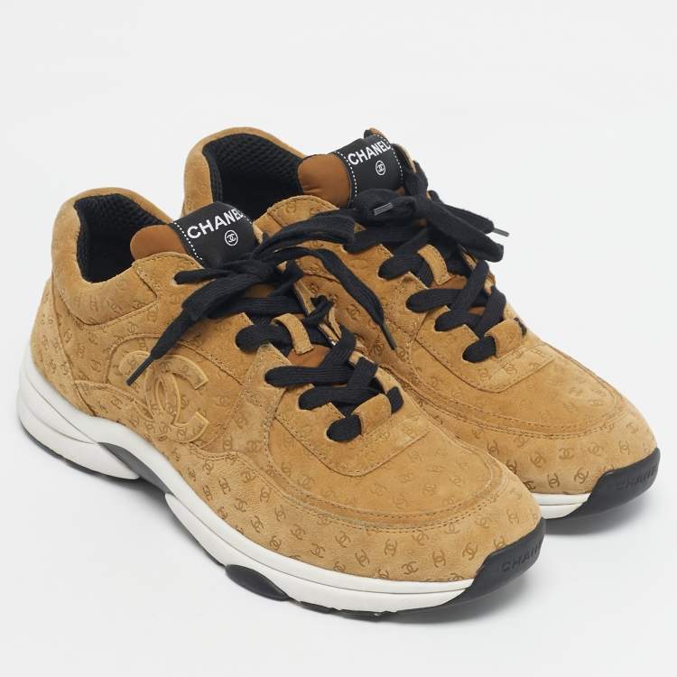 Pre Owned Chanel Tan CC Embossed Suede Low Top Sneakers Size 44