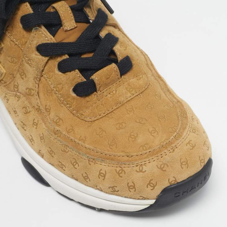 Pre Owned Chanel Tan CC Embossed Suede Low Top Sneakers Size 44