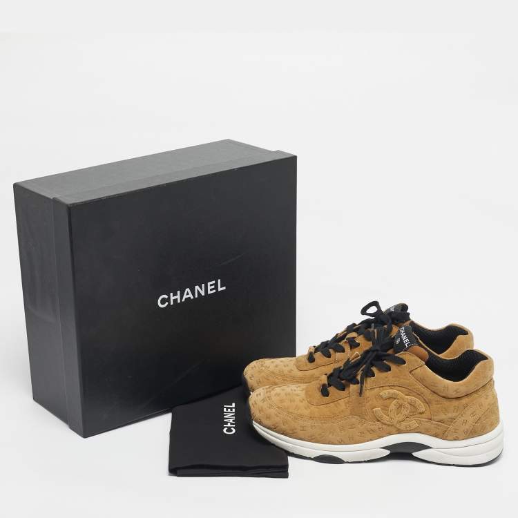 Pre Owned Chanel Tan CC Embossed Suede Low Top Sneakers Size 44